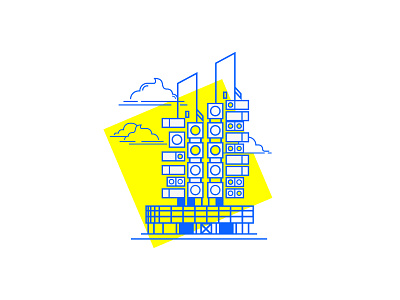 Nakagin Capsule Tower - Tokyo, Japan blue building capsule clouds construction japan linework outline tokyo tower yellow