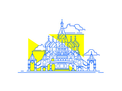 Saint Basils Cathedral - Moscow, Russia art blue branding clean design flat icon illustration logo design minimal vector yellow
