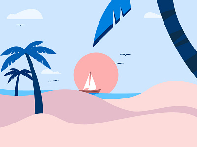 Beach spots where you can see Sunset with palm trees art beach illustrator boat creative design drawing flat graphic illustration minimalistic photoshop sunset