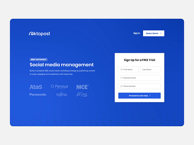 Oktopost - Social Media Platform Landing Page Design animation blue clean design landing page layout management marketing monitoring ui user interface ux
