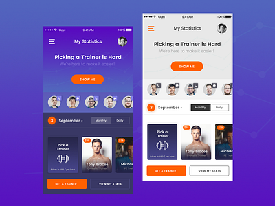 Pick a Trainer blue clean gym ios trainer ui design