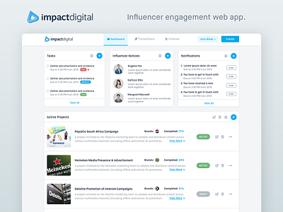 ImpactDigital - Influencer Engagement Application dashboard ui user experience user interface ux web application web applications