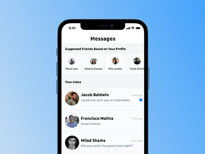 Suggested Friends & Messages (Classcade) 2021 app apple design design system figma icebreaker interaction ios messages minimal mobile network sketch social typogaphy ui ux visual white