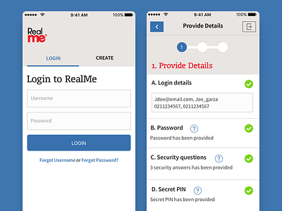 RealMe clean design government information design minimal mobile post office sign in form ui