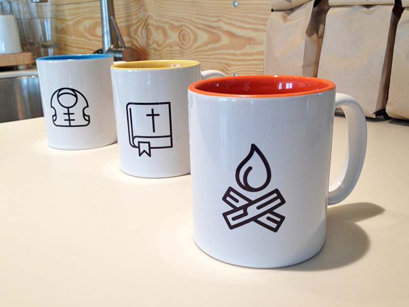 Icon Mugs logo design bible branding focus lab camp forest springs camping icons coffee mugs fire logo
