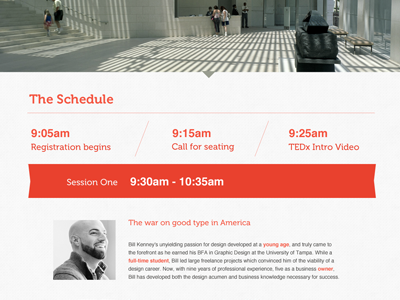Tedx Schedule clean conference creativecoast date event minimal red ribbon savannah scroller speaking tedx
