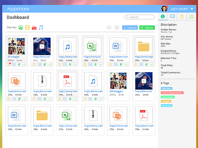 Appshare Dashboard clean dashboard files flat icons image music share tag ui video