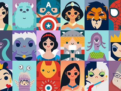 Portraits avengers disney illustration marvel princesses superheroes vector villain