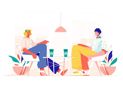 break with colleagues 2021 character characterdesign coffee cup colors design drink flat flower girl lamp love man office plant starbucks table trend vector windows