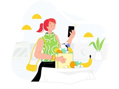 Eat healthy food )) 2d banana character colour design eat flat food fruit girl happy illustration iphone kitchen phone plant shop time vector vegetables