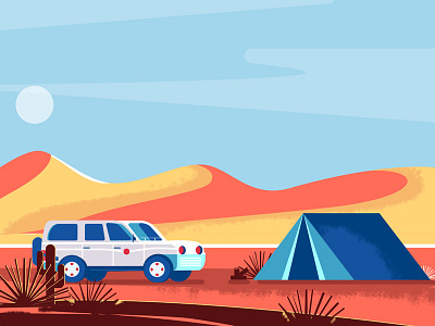 desert 2d art cactus car illustration landscape sand sky sun tent texture vector