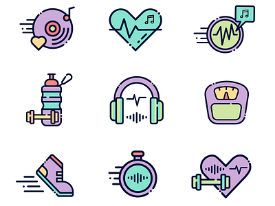 MUSIC SPORT ICONS design dribbble flatdesign graphicdesign icon icon design icon set music music app sport