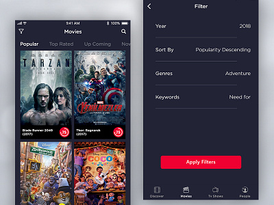 Movie App - Filter Page celebrity cinema critic filter genres ios keyword mobile review sort ui ux