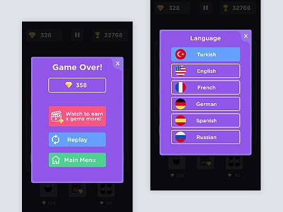 Game UI- Game Over and Language colorful design flag game home illustration ios ipad iphone menu score tile
