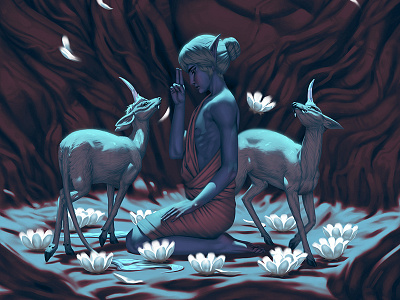 Virtues Series: Purity digital painting elf fantasy flower forest lotus meditation monk myth mythical unicorn