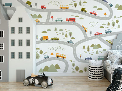 Love vs. Design Kids Mural cars illustration kids roads wall mural wallpaper