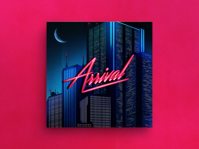 Arrival — Album Cover album cover cityscape ep ep cover herm the younger illustration lp neon script single single cover synthwave typography vaporwave