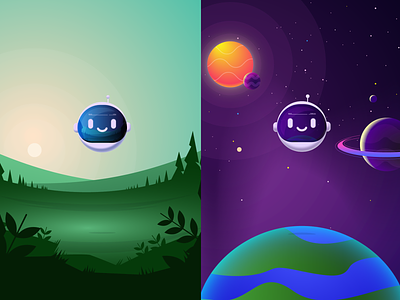 Space Droid astronaut backgrounds character design droid earth illustration planets space sun
