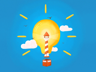 Dramatize your ideas [GIF] animation birds clouds ideea illustration light bulb lighthouse sky