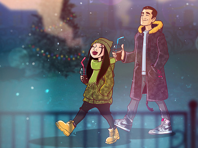 WINTER LOVE character clean coffee couple nike snow timberlands walking winter