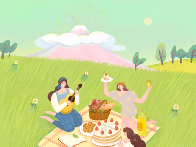 插画-三人野餐会 illustration