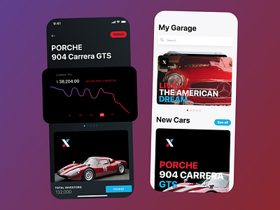 Platform to invest in collector cars app applications brand car car app car collection cars collection dark theme design garage interface minimal mobile app ui