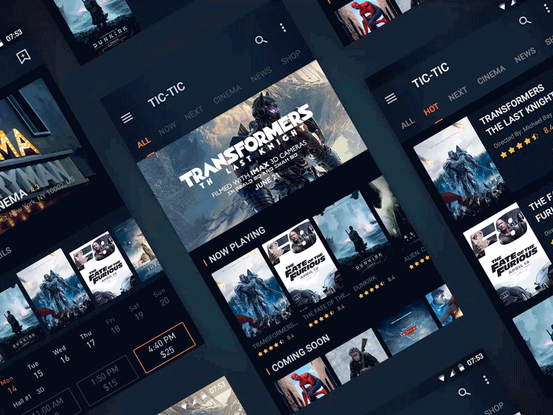 Movie Ticket-film introduction animation app dark film interface kit movie tic ticket ue ui ux