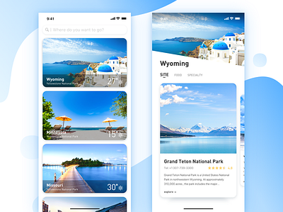 A brief introduction to tourist attractions air app blue card concept fantasy flat navigation social travel ui ux