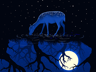 Deer in the moonlight deer design digital environment experience forest illustration mew moon tree view water