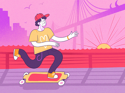 Skateboarder in the pink sunset bridge carefree day character character design embankment flat illustration illustration mcdonalds pink procreate skateboard skateboarder summertime sunset vector