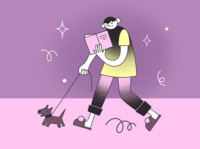 Reads & Walks the dog character flat illustration illustration procreate reading man ui illustration walking the dog