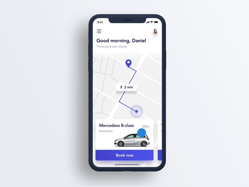 Carsharing application app blue cards concept design graphic list material mobile ui vibrant visual