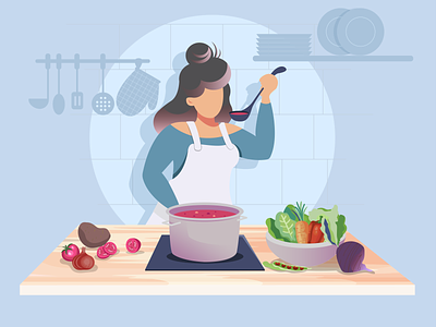 Borsch cooker boil cooking dinner flat food girl illustration kitchen meal soup vector vegetables