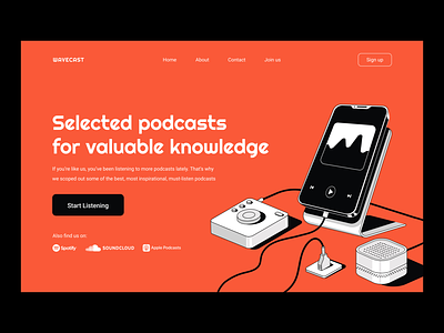 Selected podcasts. Hero illustration