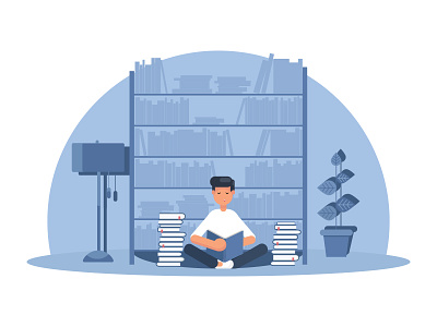 Bookreader books bookshelf boy illustration lamp library plant reading