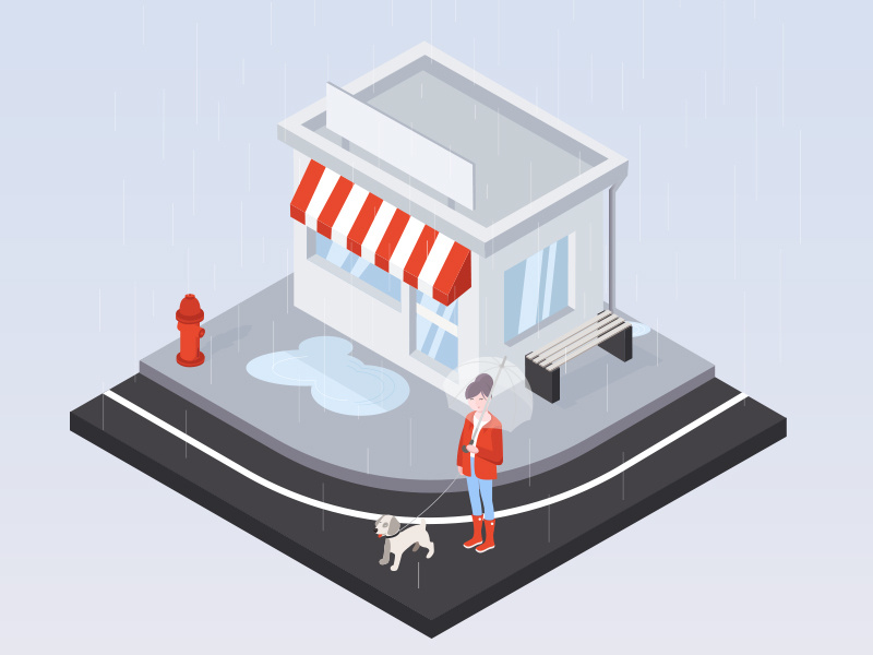 Rainy Day isometric illustration isometric puddle road walk shop dog rain raincoat girl illustration