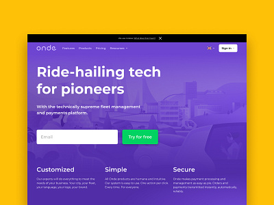 Home page of Onde.app call to action design figma illustration interaction design interface main page product design product page ride hailing sign in sign up taxi try for free typography ui ux violet web design website