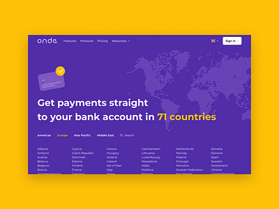 Onde payments map bank countries design illustration interaction design interface map onde payments product design product page ride hailing taxi typography ui ux uxpin web web design world