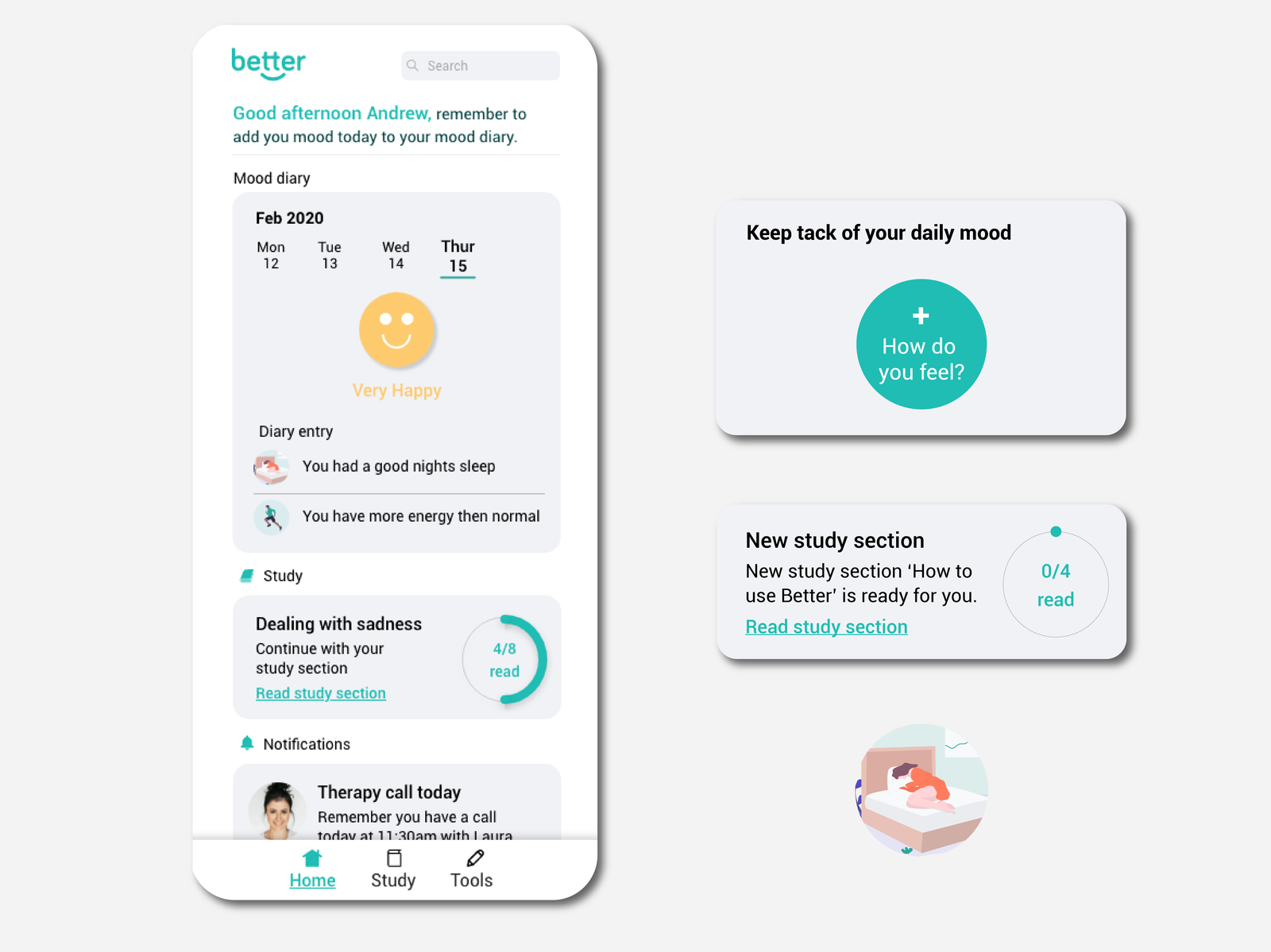 Better mental health homescreen UI by Andrew Taws on Dribbble