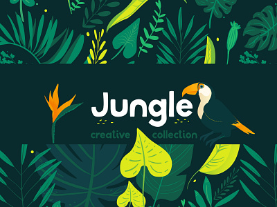 Jungle product on Creative Market cute animal dark background floral design flower green illustration art neon colors orange palm plant illustration plants toucan tropical leaves vector