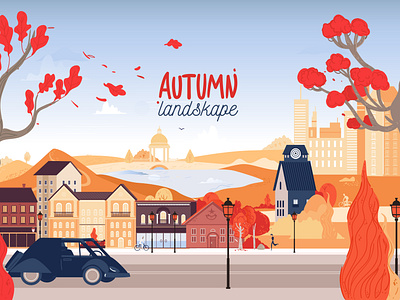 Autumn city outdoor flat vector illustration architecture autumn autumn landscape background banner bicycle building cartoon city cityscape concept cute design europe facade fall flat graphic