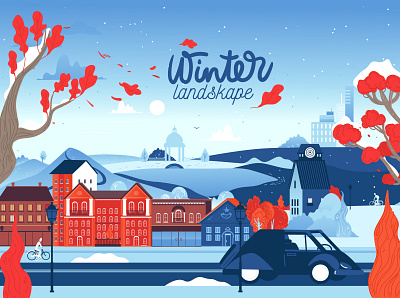 Street cute small houses. landscape winter city outdoor. flat architecture background banner buildings car card christmas city cold color cypress december decoration evening greeting high rise building holiday home horizontal house