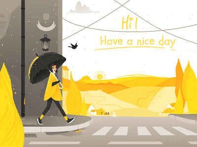 autumn in yellow . Girl walk on the street with an umbrella architecture autumn background banner bicycle bird building city clouds field flat illustration girl horizon illustration rain street umbrella vector wheat fields yellow