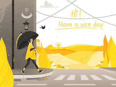 autumn in yellow . Girl walk on the street with an umbrella architecture autumn background banner bicycle bird building city clouds field flat illustration girl horizon illustration rain street umbrella vector wheat fields yellow