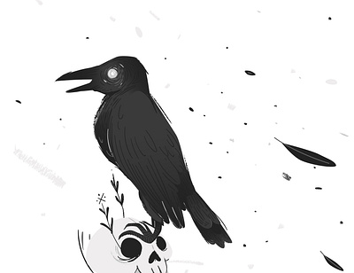 Style Hand-Drawn - vector image magic raven and skull abstract animal art ashes and snow background beak bird bird feather black blackbird crow dark death design magic raven skull vector