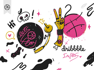 Hi guys!) let s play ball dark dribbble invite graphic hand hand drawn illustration invites music pink play rock stickers streetart tatoo two vector vinil wall youth