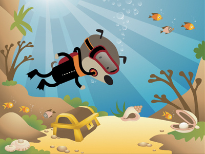 Picture Book Diving animation children cute diving dog fish illustration kids ocean shell sun treasure chest underwater vector