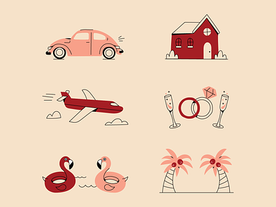What are you saving for? car flamingo home icons illustration line line art plane pool vacations wedding