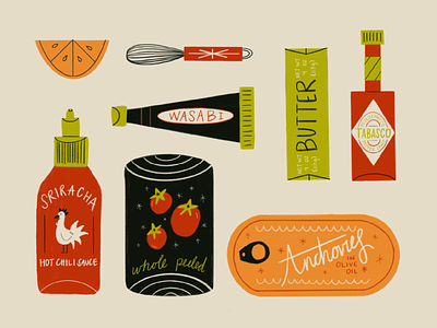 Kitchen Doodles anchovies butter can condiment cooking hand drawn illustration kitchen lemon lime orange procreate sriracha tobasco tomatoes vegetables wasabi whisk