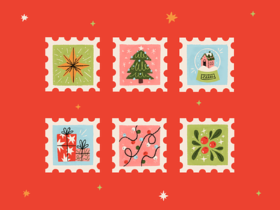 Christmas Stamps berries christmas holiday holly illustration lights line mail postage presents procreate santa snow globe stamps star tree